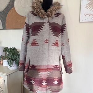 BB DAKOTA Southwest Aztec Coat Jacket Faux Fur Hood Women's Sz L Wool Blend Rust